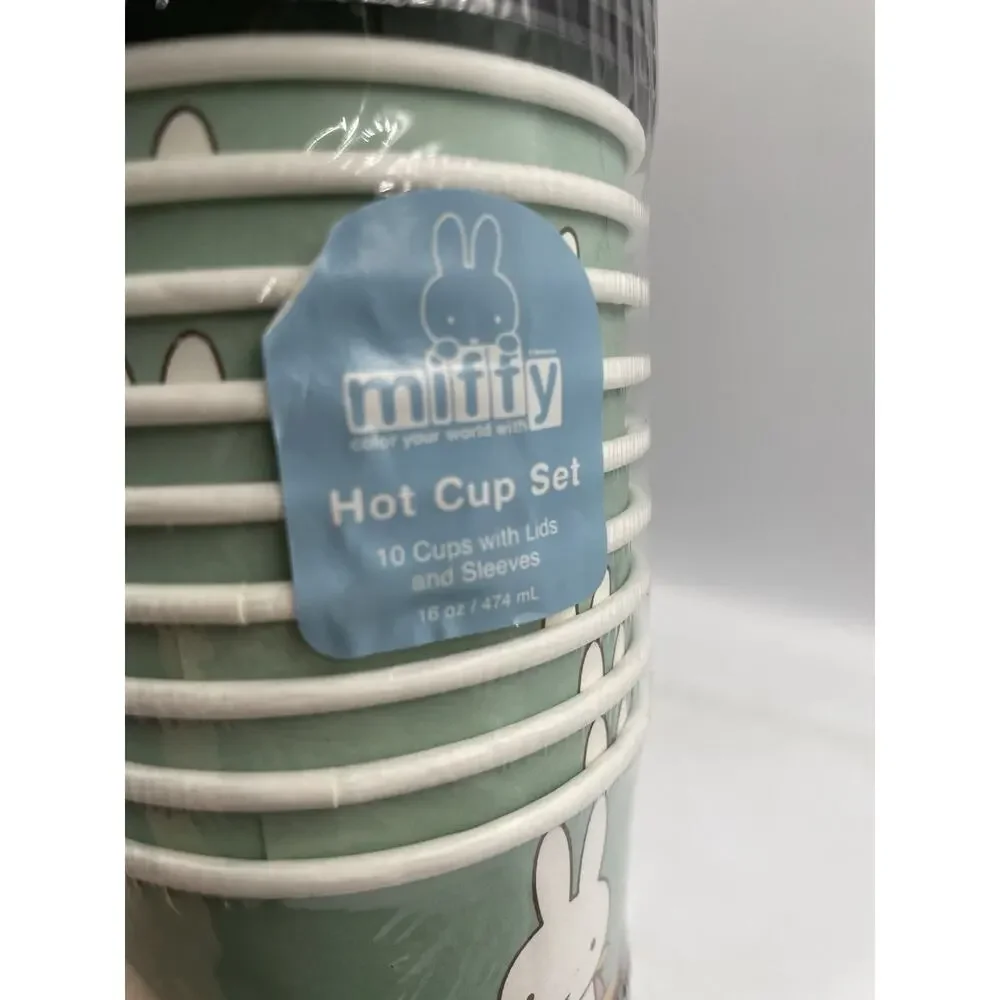 NEW Miffy Set Of 10 Hot Travel Cups 16 Oz With Sleeves & Lids